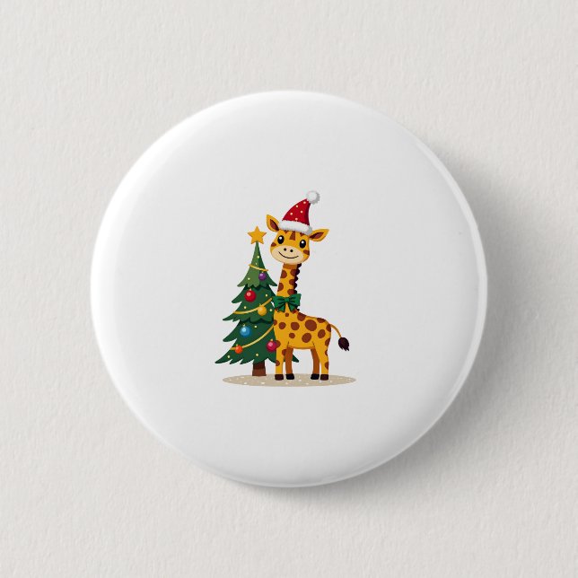 Gingerbread Man Giraffe Santa Hat Christmas Tree T Button (Front)