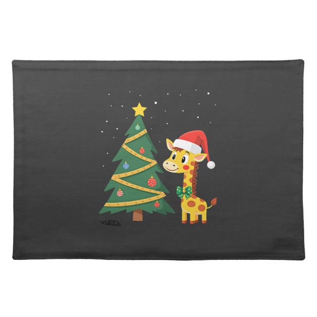 Gingerbread Man Giraffe Santa Hat Christmas Tree T Cloth Placemat (Front)