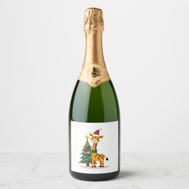 Gingerbread Man Giraffe Santa Hat Christmas Tree T Sparkling Wine Label (Front)