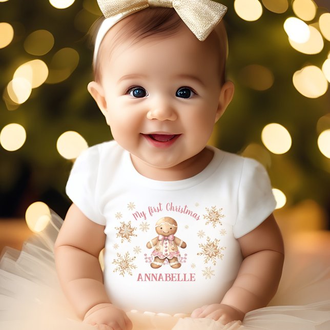 Gingerbread Man Girl Pink Beige First Christmas Baby T-Shirt (Gingerbread Man Girl Pink Beige First Christmas Baby T-Shirt)