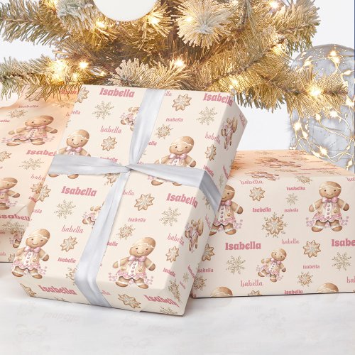 Gingerbread Man Girl Pink Beige Name Christmas Wrapping Paper