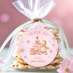 Gingerbread Man Girl Pink Christmas Baby Shower Classic Round Sticker<br><div class="desc">A little sweetie is on the way! Christmas girl baby shower stickers,  favor labels,  with an adorable gingerbread man girl,  Christmas tree,  gift and snowflakes all in pink and beige. Easily personalize the text. - Kate Eden Art</div>