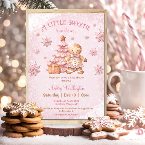 Gingerbread Man Girl Pink Christmas Baby Shower Invitation