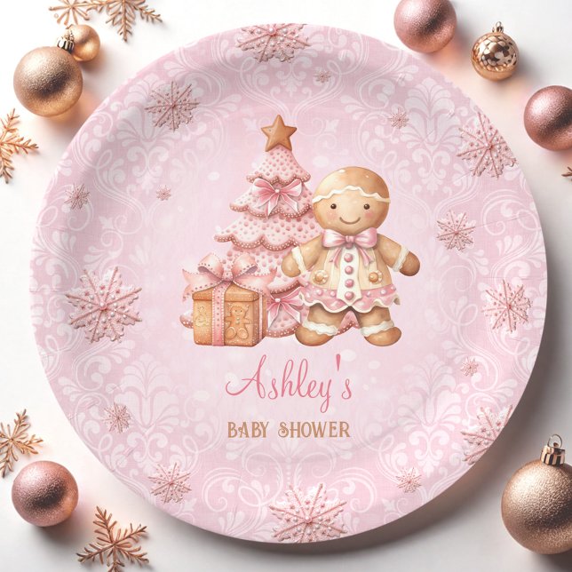 Gingerbread Man Girl Pink Christmas Baby Shower Paper Plates (Gingerbread Man Girl Pink Christmas Baby Shower Paper Plates)