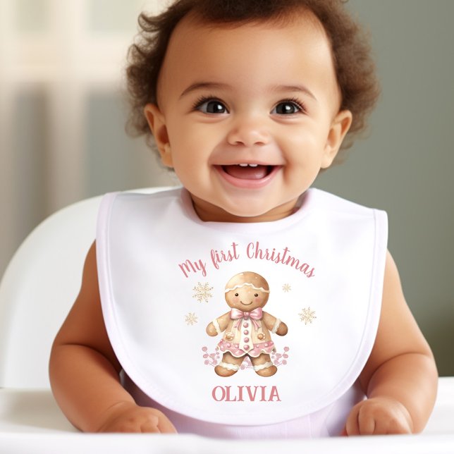 Gingerbread Man Girl Pink Name First Christmas bib (Gingerbread Man Girl Pink Name First Christmas bib)
