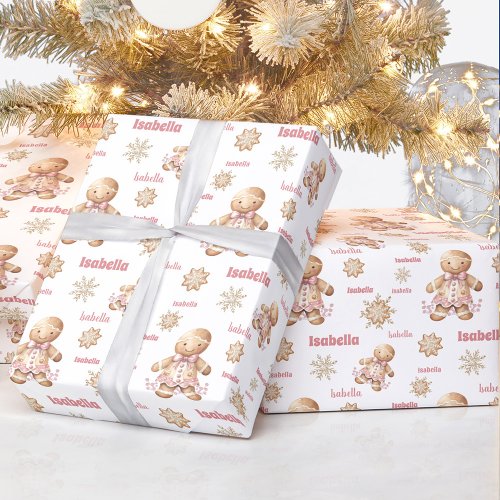 Gingerbread Man Girl Pink Name Text Christmas Wrapping Paper