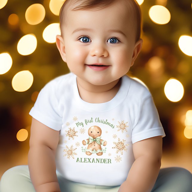 Gingerbread Man Green Beige First Christmas Baby T-Shirt (Gingerbread Man Green Beige First Christmas Baby T-Shirt)