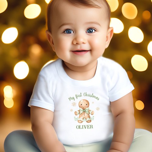 Gingerbread Man Green Beige Name First Christmas Baby T_Shirt