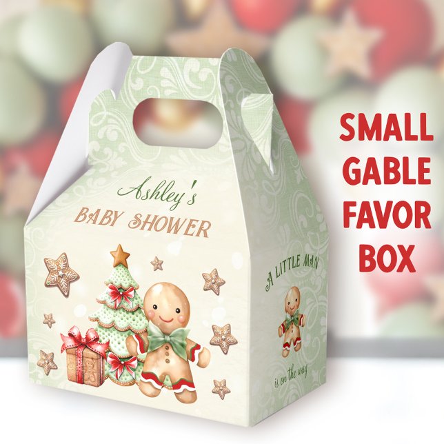 Gingerbread Man Green Christmas Baby Shower Gable Favor Boxes (Gingerbread Man Small Gable Favor Boxes - You can choose from 3 sizes of these gable favor boxes)