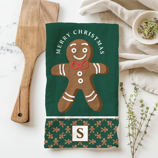 Gingerbread Man Green Monogram Merry Christmas Kitchen Towel (Creator Uploaded)