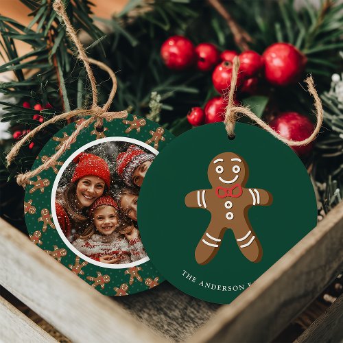 Gingerbread Man Green Polka Dot Christmas Photo Ceramic Ornament