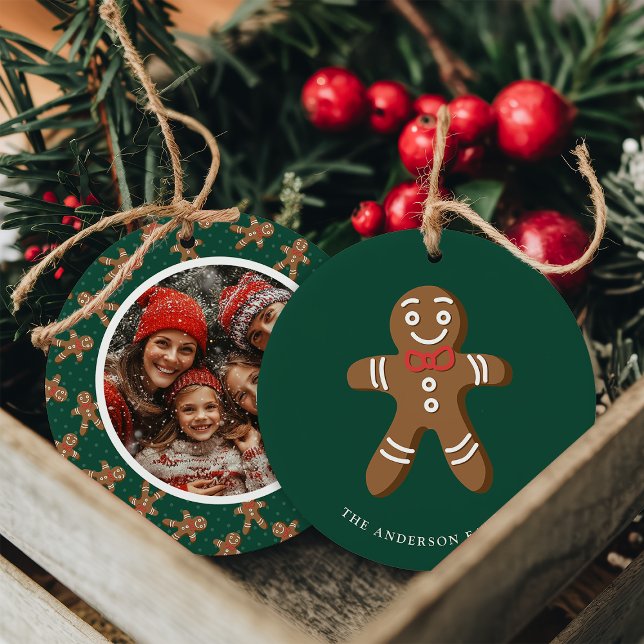 Gingerbread Man Green Polka Dot Christmas Photo Ceramic Ornament (Creator Uploaded)