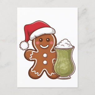 Gingerbread Man Holding Matcha Drink Christmas  Announcement Postcard