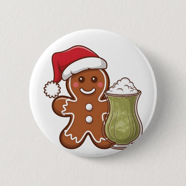 Gingerbread Man Holding Matcha Drink Christmas  Button (Front)