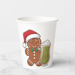 Gingerbread Man Holding Matcha Drink Christmas Paper Cups