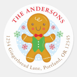 Gingerbread Man Holiday Return Address Label Round