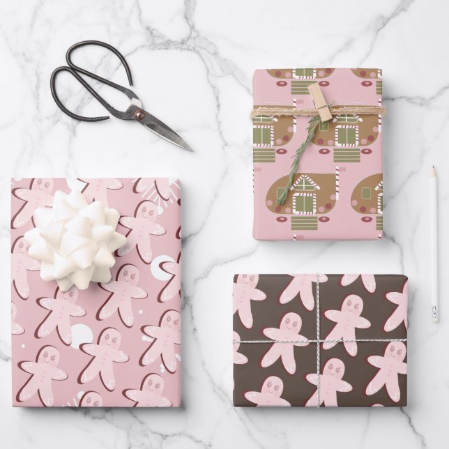 Gingerbread Man House Christmas Snowflakes Pink Wrapping Paper Sheets (Front)