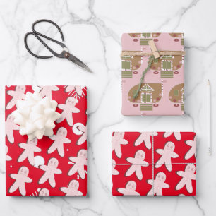 Gingerbread Man House Christmas Snowflakes Red Wrapping Paper Sheets