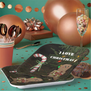 Gingerbread Man I Love Christmas Candy Cane Paper Plates