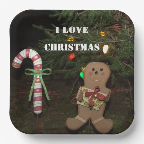 Gingerbread Man I Love Christmas Candy Cane Paper Plates