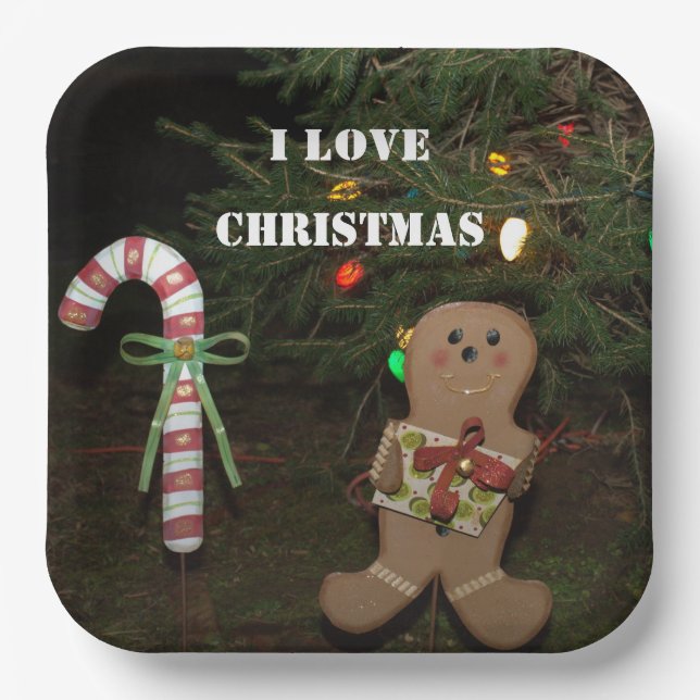 Gingerbread Man I Love Christmas Candy Cane Paper Plates (Front)