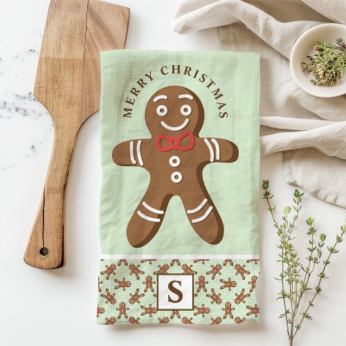 Gingerbread Man Mint Monogram Merry Christmas Kitchen Towel