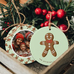 Gingerbread Man Mint Polka Dot Christmas Photo Ceramic Ornament<br><div class="desc">Celebrate the holidays with this adorable Gingerbread Man Mint Green Polka Dot Christmas Photo Ceramic Ornament. Featuring a cute gingerbread man design with a customizable photo on the back, this ornament is perfect for adding a touch of festive charm to your tree. Personalize it with your family name and favorite...</div>