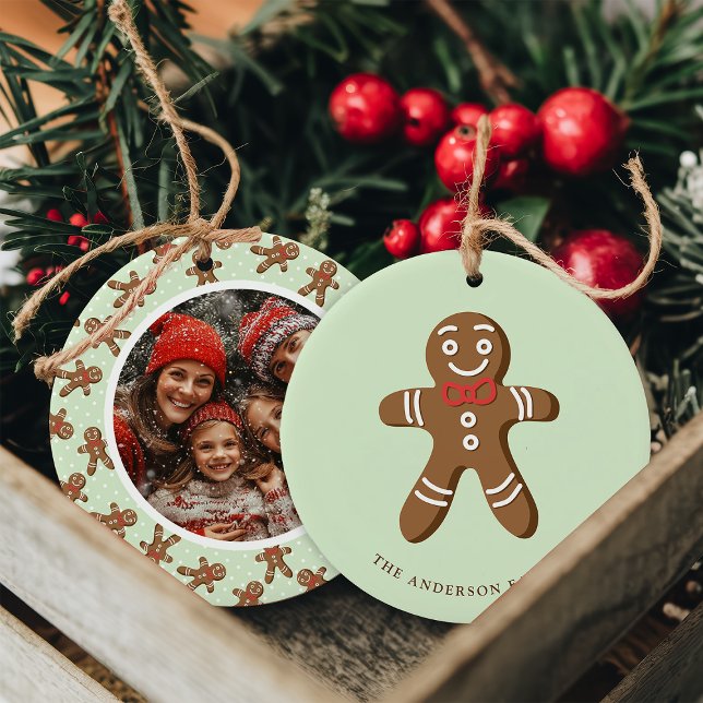 Gingerbread Man Mint Polka Dot Christmas Photo Ceramic Ornament (Creator Uploaded)