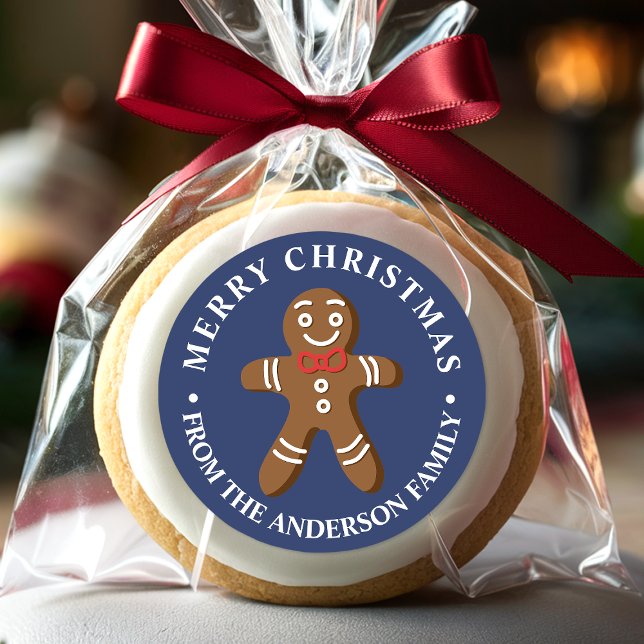Gingerbread Man Navy Blue Merry Christmas Classic Round Sticker (Creator Uploaded)