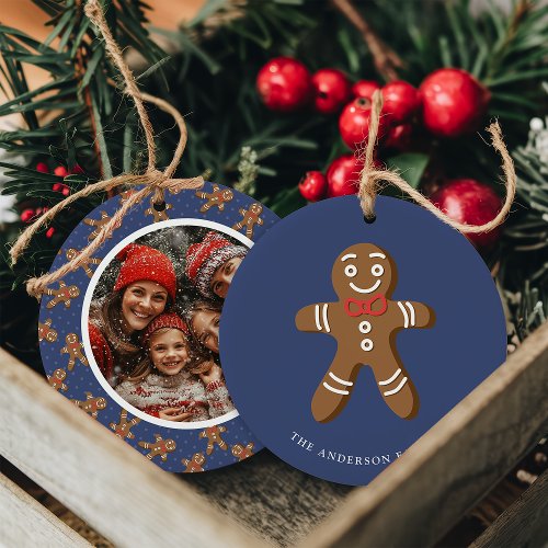 Gingerbread Man Navy Polka Dot Christmas Photo Ceramic Ornament