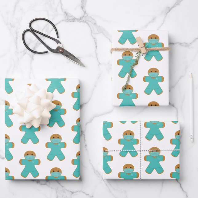 Gingerbread Man Nurse Doctor Scrubs Wrapping Paper Sheets (Front)