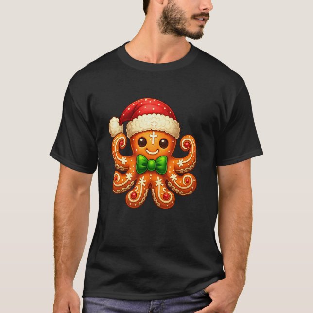 Gingerbread Man Octopus Christmas Tees Womens Mens (Front)