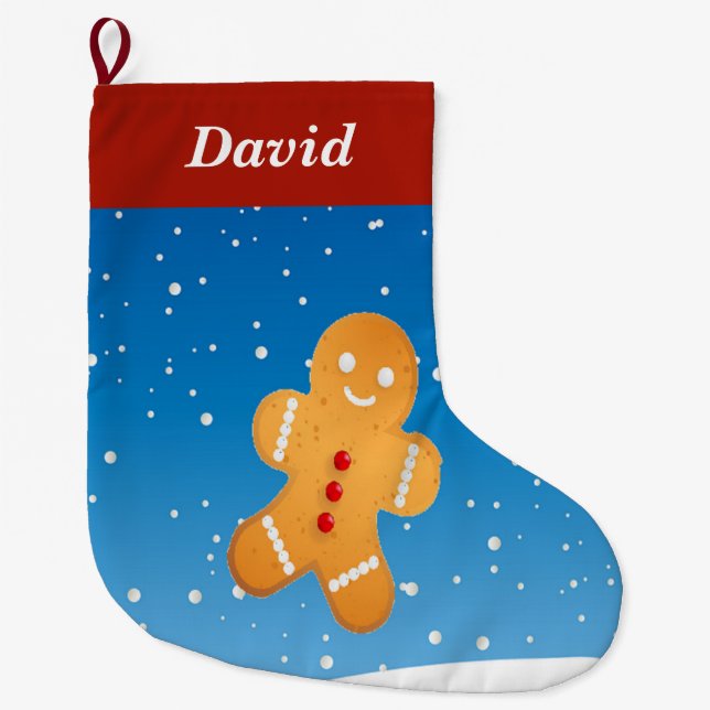 Gingerbread man on blue large christmas stocking (Front)