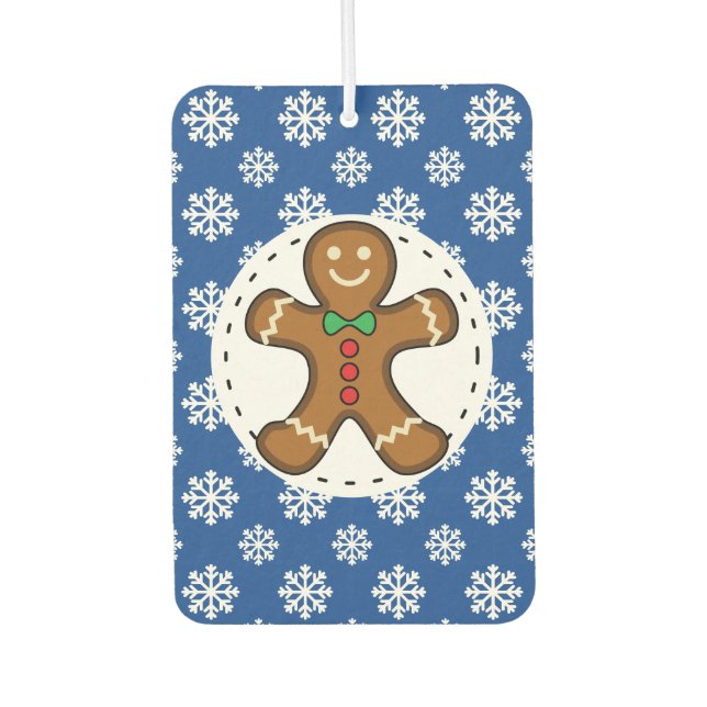Gingerbread Man on Blue White Snowflakes Pattern Air Freshener (Front)