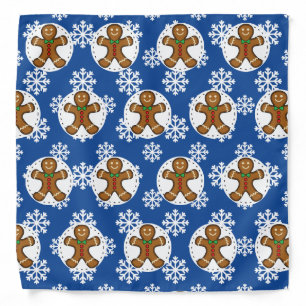 Gingerbread Man on Blue White Snowflakes Pattern Bandana