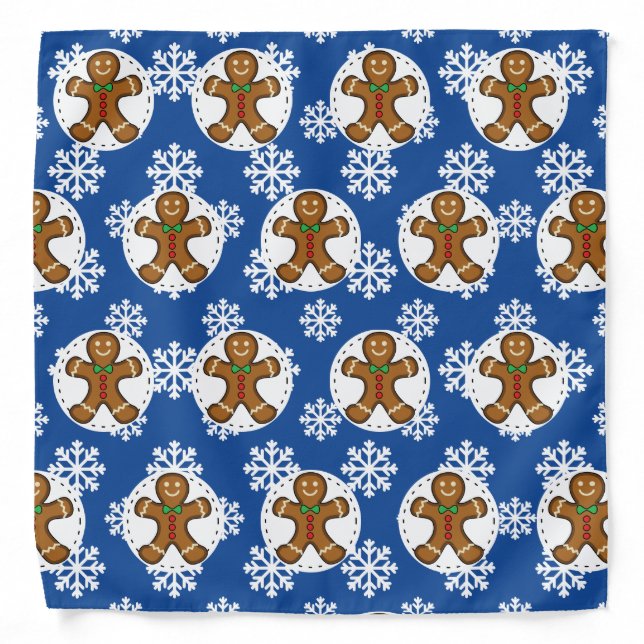 Gingerbread Man on Blue White Snowflakes Pattern Bandana (Front)