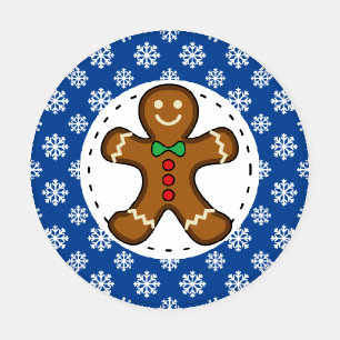 Gingerbread Man on Blue White Snowflakes Pattern Coaster Set