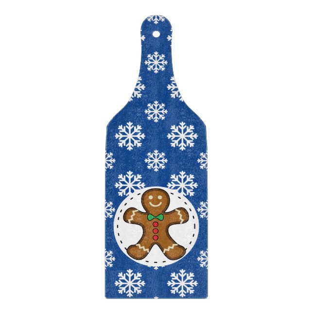 Gingerbread Man on Blue White Snowflakes Pattern Cutting Board (Front)