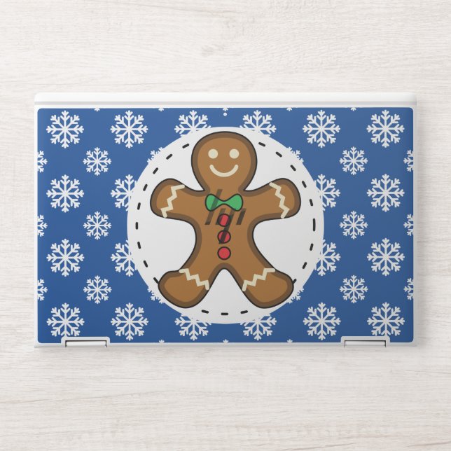 Gingerbread Man on Blue White Snowflakes Pattern HP Laptop Skin (Front)