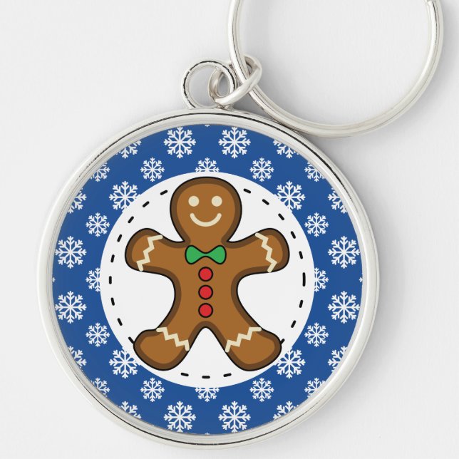 Gingerbread Man on Blue White Snowflakes Pattern Keychain (Front)