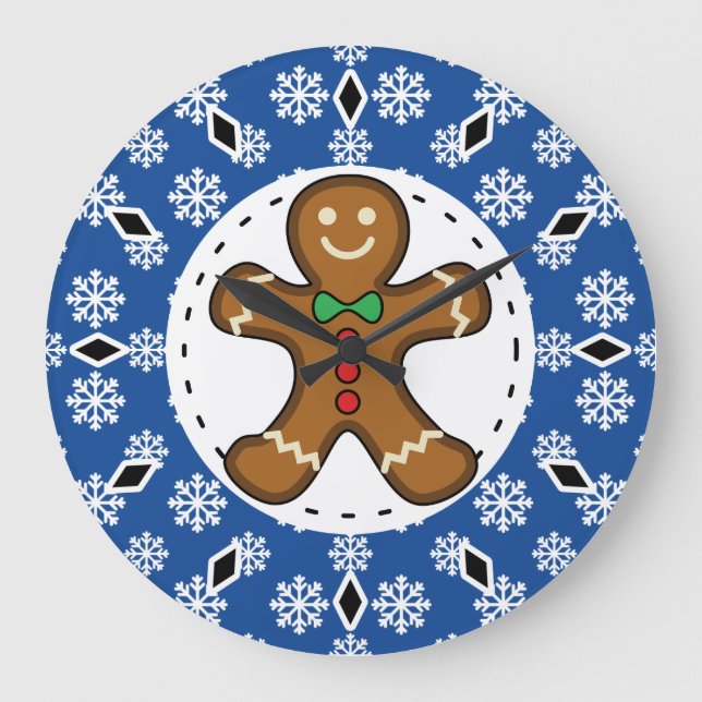 Gingerbread Man on Blue White Snowflakes Pattern Large Clock (Front)