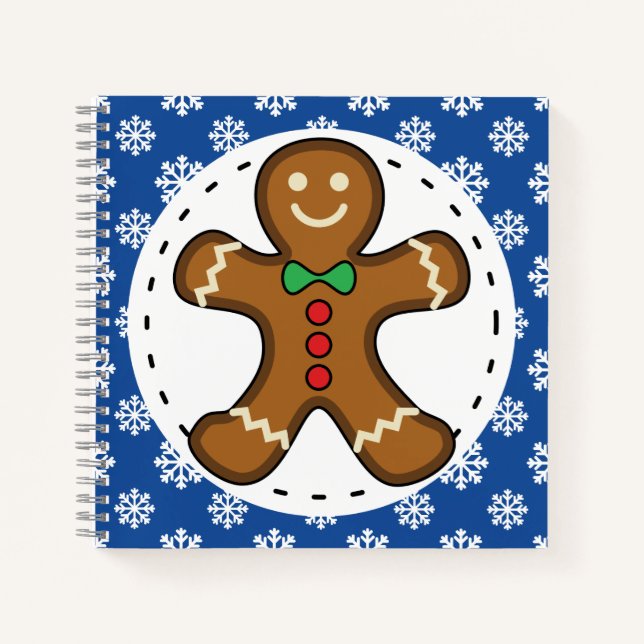 Gingerbread Man on Blue White Snowflakes Pattern Notebook (Front)