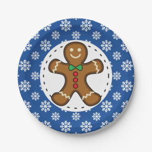 Gingerbread Man on Blue White Snowflakes Pattern Paper Plates