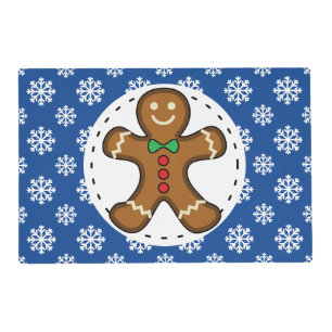 Gingerbread Man on Blue White Snowflakes Pattern Placemat