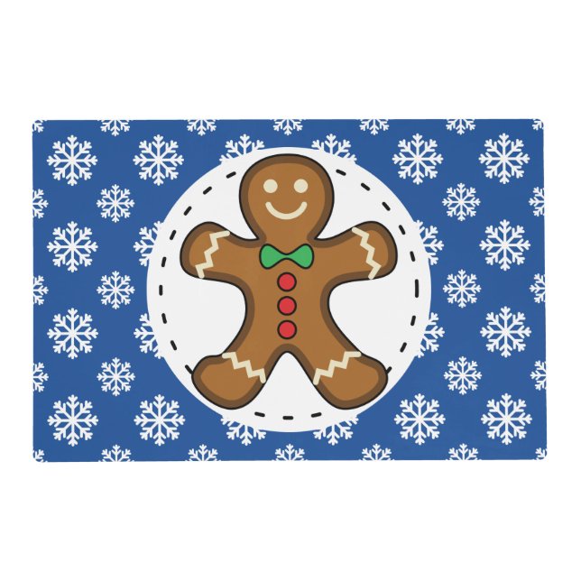 Gingerbread Man on Blue White Snowflakes Pattern Placemat (Front)