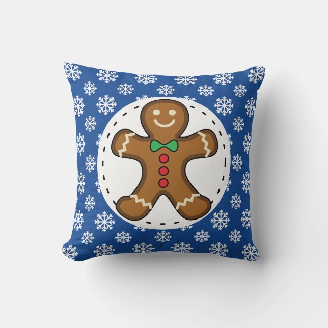 Gingerbread Man on Blue White Snowflakes Pattern Throw Pillow (Front)