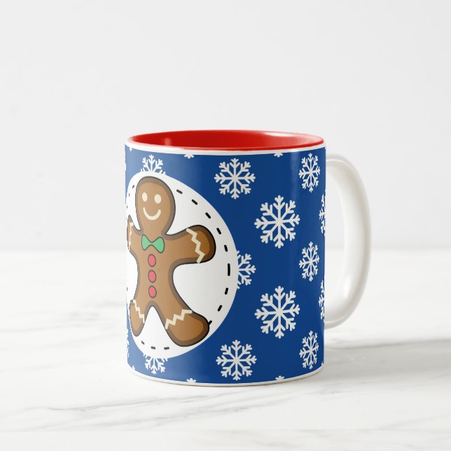 Gingerbread Man on Blue White Snowflakes Pattern Two-Tone Coffee Mug (Front Right)