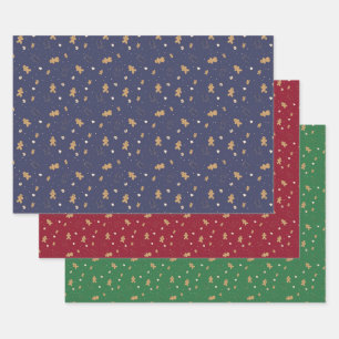 Gingerbread man on red, blue and green wrapping paper sheets