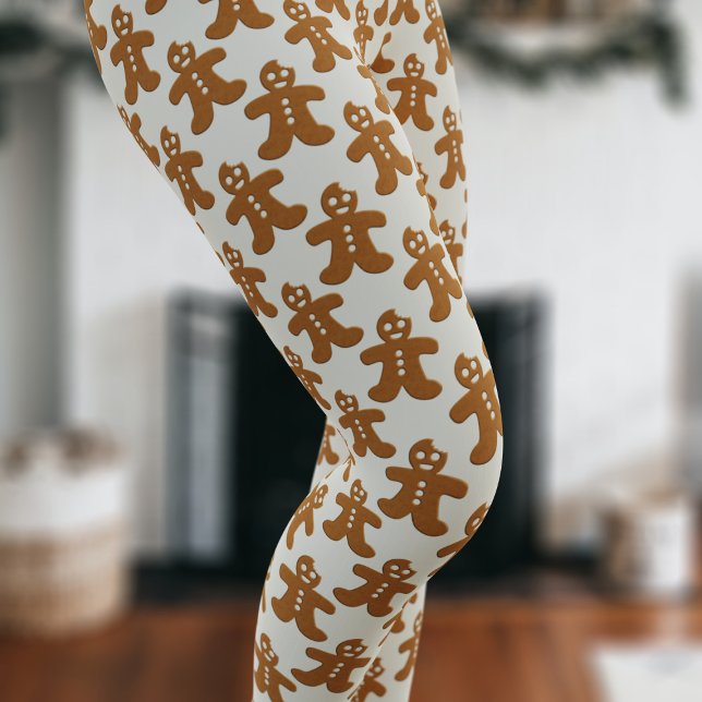 Gingerbread Man Pattern Christmas Holiday Leggings (A fun and festive gingerbread man pattern leggings with Christmas Cookies floating on a milky cream)