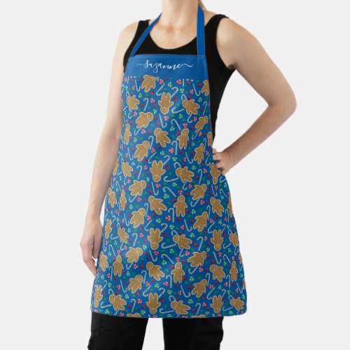 Gingerbread Man Peppermint Candy on Blue Pattern Apron